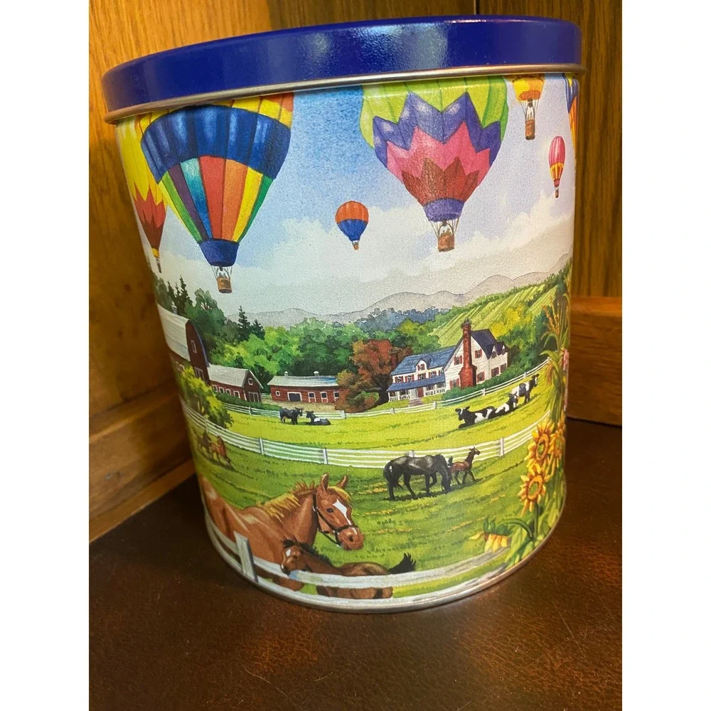 Vintage‎ Farmhouse Tin Hot Air Balloons Horses Country Scene Blue Lid Cottgecore